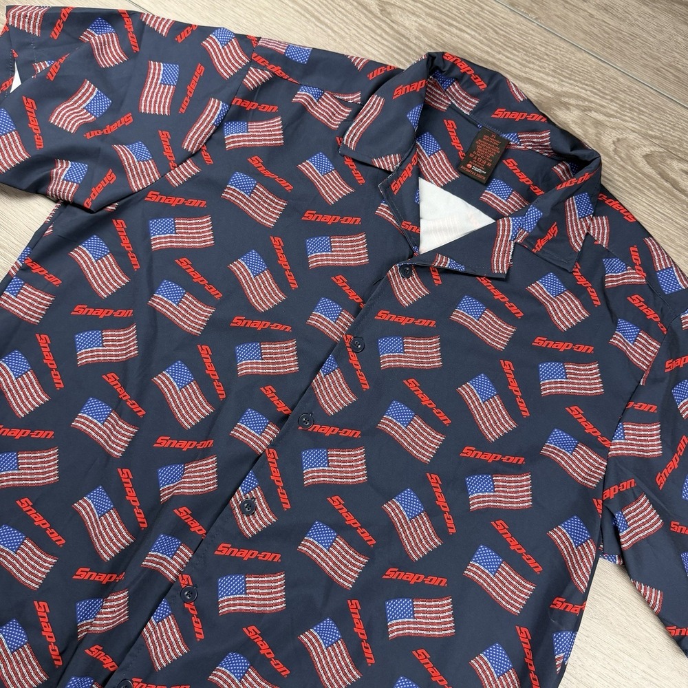 Snap On Men's Short Sleeve USA American Flag AOP Button Up Shirt Blue XL